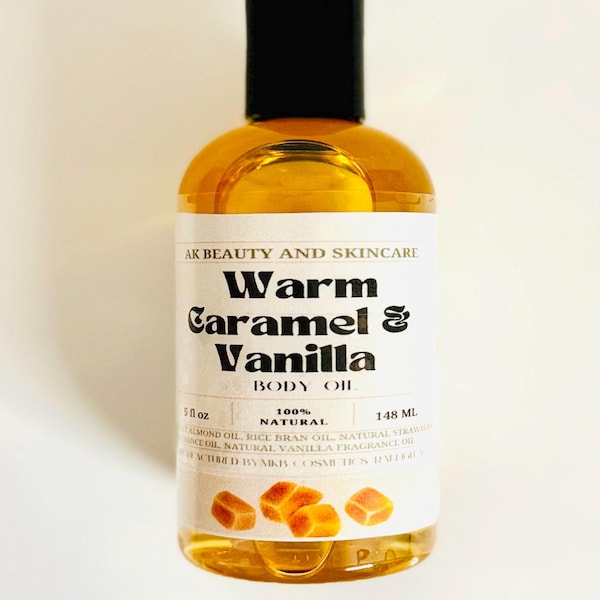 Aceite corporal natural de caramelo cálido y vainilla para piel seca. Hidratación profunda y brillo. No graso. Cuidado de la piel artesanal.