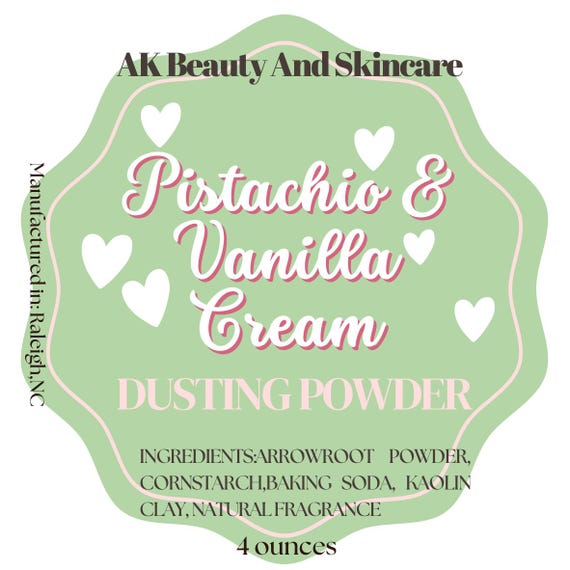 Pistachio and Vanilla Cream  Scented Dusting Powder, Body Powder Soft Silky, Talc-Free