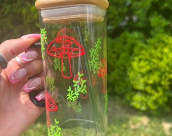 Vaso de vidrio con forma de hongo - Vaso reutilizable Boho de 16 oz para bebidas frías