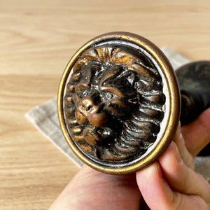 Op de afbeelding: Een ronde metalen deurknop met een verhoogd, driedimensionaal leeuwenkopreliëf in het midden. De knop heeft een donkere, verouderde bronzen afwerking met lichtere goudkleurige accenten op de manen van de leeuw en de buitenste cirkelvormige rand.