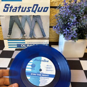 以下が含まれることがあります： Status Quoの青いビニールレコードとアルバムカバー。アルバムカバーには、青い文字でバンド名と、ジーンズを履いた3組の脚の画像が表示されています。レコードのタイトルは「Stay the Night」です。