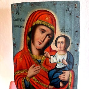Moeder van God Antiek 19e-eeuws orthodox icoon met de hand beschilderd met olieverf op hout van orthodox icoon van de Moeder van God Oekraïne zeldzaam