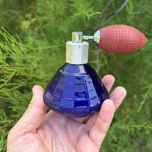 May include: A vintage cobalt blue perfume bottle with a silver-toned collar and a red bulb atomizer. The bottle has a geometric design and is held against a backdrop of green foliage.