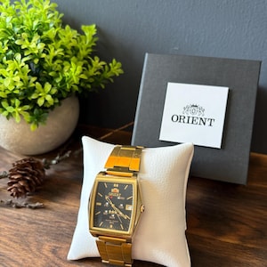 Orient Automatic Mechanical Watch Gold Tone Day Date Japan Serviced 1990s with Gift Box Cool Vintage rare