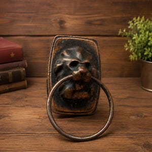 Puede incluir: Un llamador de puerta de metal en tono bronce oscuro con un diseño de cabeza de león esculpida y un anillo circular prominente sostenido en la boca del león. La placa base rectangular tiene un acabado desgastado y texturizado con tonos oscuros.