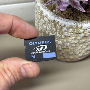Puede incluir: Una tarjeta xD-Picture Olympus negra, sostenida en una mano. La tarjeta tiene el texto blanco "OLYMPUS" y "xD-Picture Card". También presenta un rectángulo azul y la letra "M".