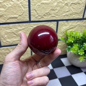 Puede incluir: Una esfera roja oscura brillante, sostenida en una mano. La superficie lisa refleja la luz, creando un reflejo brillante. El fondo presenta una pared texturizada de color claro y una pequeña planta en maceta.
