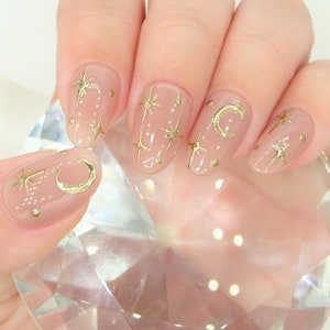 Stars and Moon | Luxury Press On Nails | Apres | Gel Press Ons | Customizable | Gold | Hand Painted