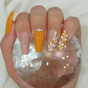 Yellow Autumn Rhinestone Nails Fall Designs Press On Nails Press Ons Fake Nails Trendy Nails Luxury Strong Nails image 1