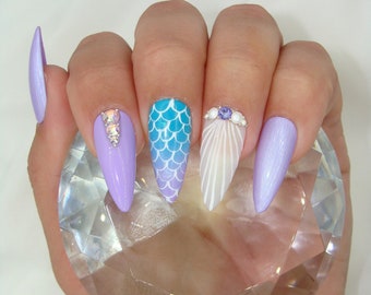 Mermaid Press On Nails | Apres | Gel Press Ons | Customizable | Summer Vacation Vibes | Chrome | Ombre | Fish Scales