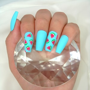 Watermelon Press On Nails | Apres | Blue Aqua Gel Press Ons | Summer Vacation Nails | Fruit | Handmade and painted