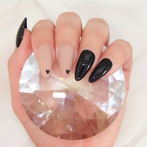 Black and Nude Heart Press on Nails Valentine's Day Nail Set Matte and Shiny Accent Nails Luxury Gel Press Ons Glam Nail Inspo image 1