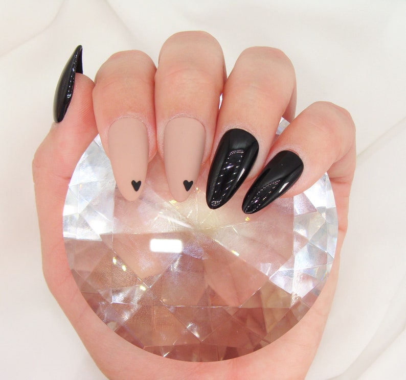 Black and Nude Heart Press on Nails Valentine's Day Nail Set Matte and Shiny Accent Nails Luxury Gel Press Ons Glam Nail Inspo image 1