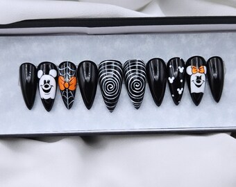 Halloween Press On Nails | Luxury | Ghost | Gel Press Ons | Customizable | Pastel | Hand Painted | Black And White