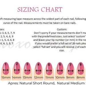 May include: Sizing chart for artificial nails, showing ten different sizes ranging from 16mm to 7mm. The chart includes the size number, the measurement in millimeters, and a visual representation of the nail size.