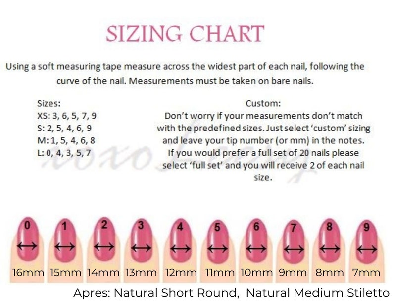 May include: Sizing chart for artificial nails, showing ten different sizes ranging from 16mm to 7mm. The chart includes the size number, the measurement in millimeters, and a visual representation of the nail size.