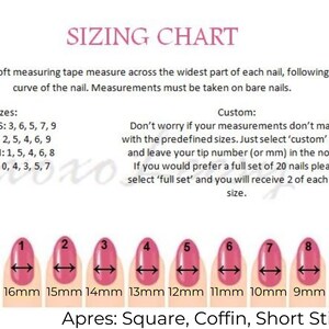 May include: Sizing chart for artificial nails, showing ten different sizes from 8mm to 17mm. The chart includes the text "Apres: Square, Coffin, Short Stiletto".