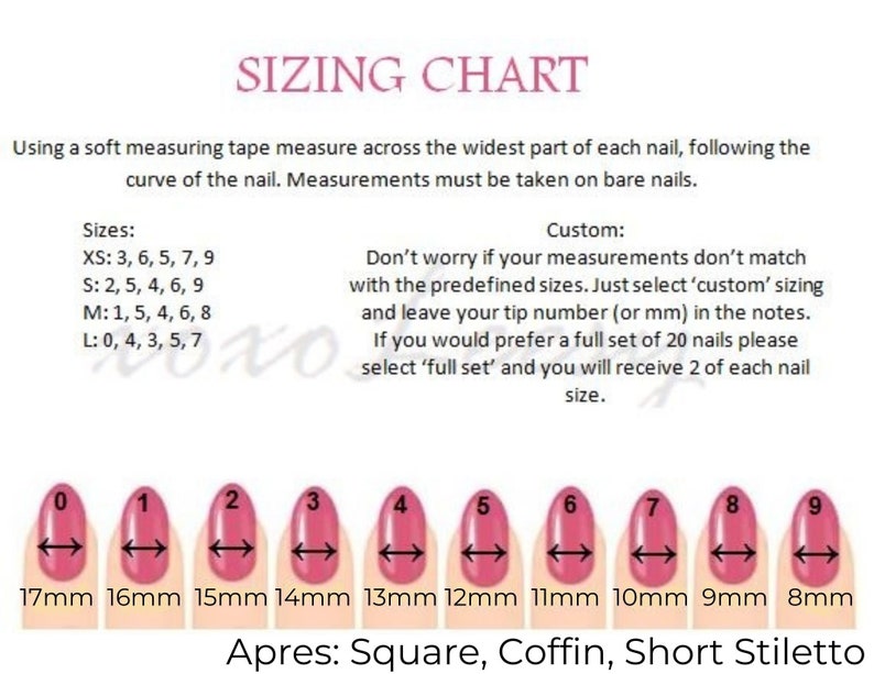 May include: Sizing chart for artificial nails, showing ten different sizes from 8mm to 17mm. The chart includes the text "Apres: Square, Coffin, Short Stiletto".