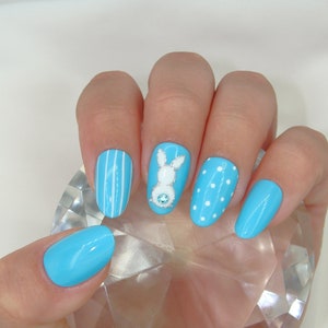 Spring Press On Nails Apres Easter Gel Press Ons Pastel Color Design Customizable Rabbit Bunny Rhinestone Accent Polka Dot image 2