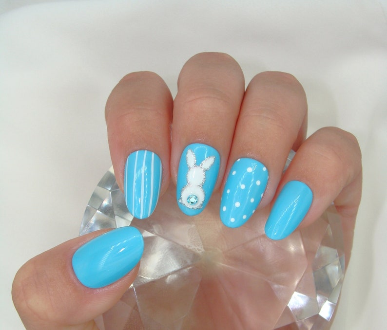 Spring Press On Nails Apres Easter Gel Press Ons Pastel Color Design Customizable Rabbit Bunny Rhinestone Accent Polka Dot image 2