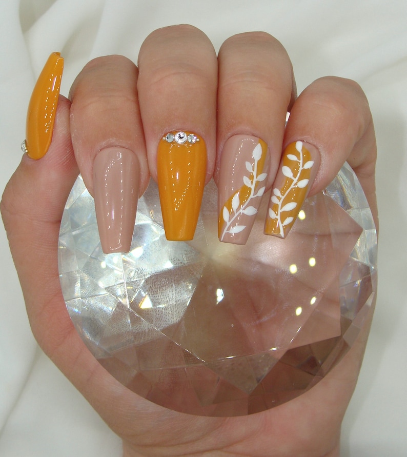 Yellow Autumn Rhinestone Nails Fall Designs Press On Nails Press Ons Fake Nails Trendy Nails Luxury Strong Nails image 1