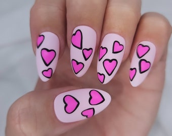 Pink Heart Vday Nails | Valentine's Hearts Press on Nails | Nail Inspo |  Luxury Après Press On Nails - Custom shape and length