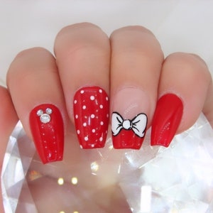 Disney Press On Nails | Red and White Gel Fake Nails | Rhinestone Accent Nail Art |Vacation | Ears | Luxury Nails | Mickey | Minnie Bow