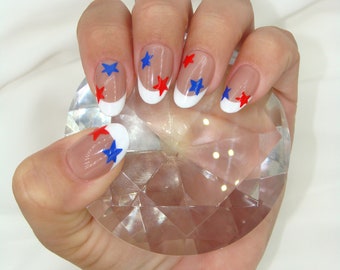 Red White and Blue Star Press On Nails | 4th of July Fake Nails | American Flag | Patriotic design | French Tips | Custom Length and Shape