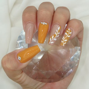 Yellow Autumn Rhinestone Nails Fall Designs Press On Nails Press Ons Fake Nails Trendy Nails Luxury Strong Nails image 2