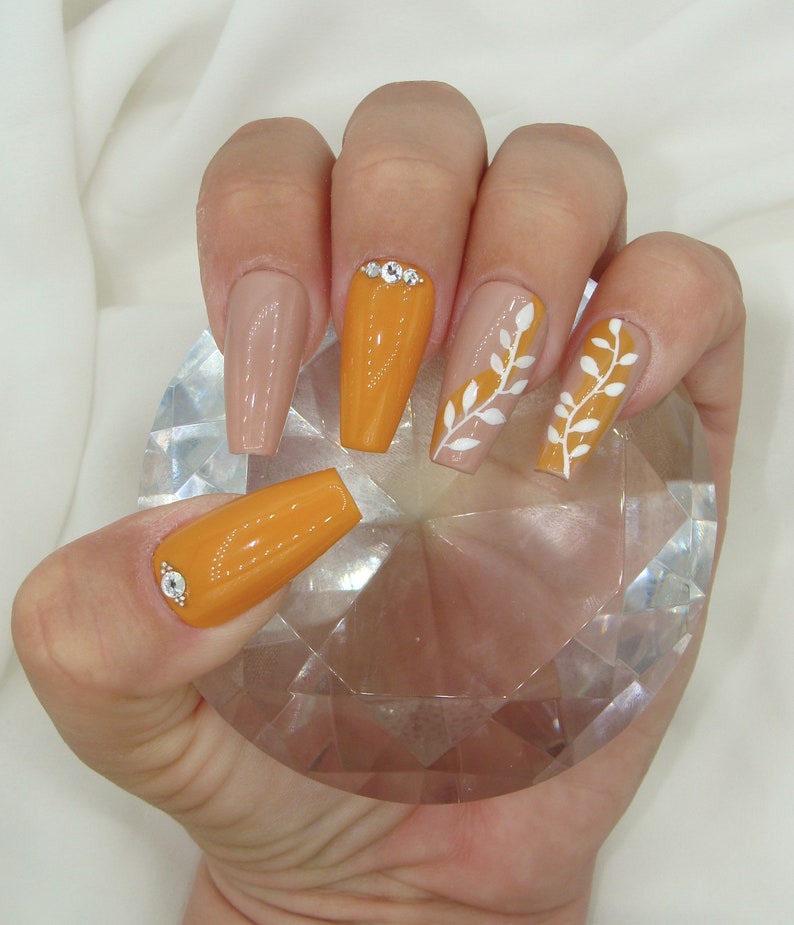 Yellow Autumn Rhinestone Nails Fall Designs Press On Nails Press Ons Fake Nails Trendy Nails Luxury Strong Nails image 2