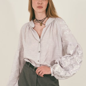 Ukrainian linen modern peasant vyshyvanka blouse. Motrya blouse in light gray image 1