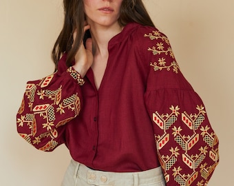 Ukrainian linen burgundy vyshyvanka. traditional embroidered blouse. Slavic blouse. Ships from the USA