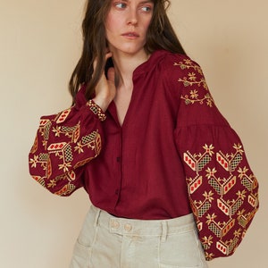 Ukrainian linen burgundy vyshyvanka. traditional embroidered blouse. Slavic blouse