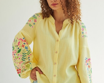 Lemon yellow  peasant cotton blouse with embroidered wildflowers. Ukrainian designer vyshyvanka. IN STOCK