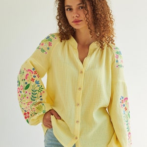 Lemon yellow  peasant cotton blouse with embroidered wildflowers. Ukrainian designer vyshyvanka. IN STOCK