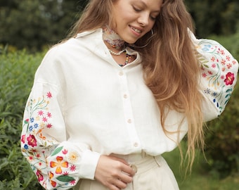 Embroidered ivory linen blouse. Ukrainian  floral vyshyvanka.