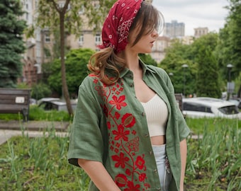 Green short sleeve shirt with chestnuts Kyiv in my heart. Modern embroidered vyshyvanka