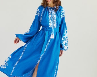 Blue linen embroidered dress. Ukrainian dress, boho wedding dress. In stock s, m