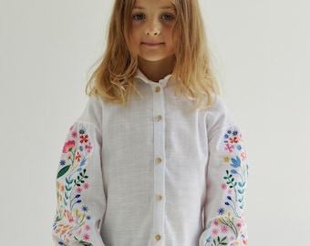Kids vyshyvanka blouse for girls. Ukrainian cotton collar shirt for kids. IN STOCK
