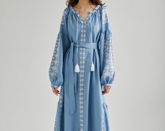 Dusty blue ukrainian vyshyvanka dress. Simple wedding dress. Summer dress for vacation. IN STOCK