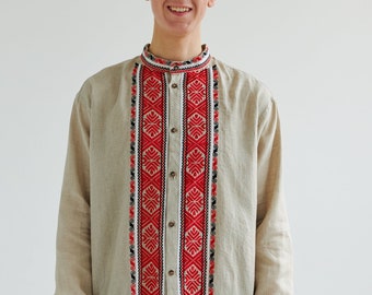 Ukrainian linen vyshyvanka shirt for men. Embroidered casual shirt. IN STOCK