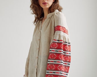Linen peasant blouse with Ukrainian embroidery. Vyshyvanka modern blouse. iN STOCK