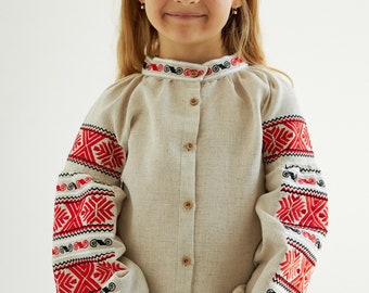 Girl peasant vyshyvanka blouse. Ukrainian cotton shirt for kids. IN STOCK