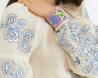 Warm ivory peasant blouse with embroidered flowers. Ukrainian designer modern vyshyvanka. Made in Ukraine