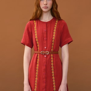 Simple linen dress with embroidered relief. Casual coral midi dress. Designer ukrainian vyshyvanka dress image 5