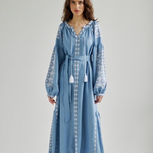 Dusty blue ukrainian vyshyvanka dress. Simple wedding dress. Summer dress for vacation. IN STOCK image 1