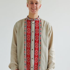 Ukrainian linen vyshyvanka shirt for men. Embroidered casual shirt. IN STOCK