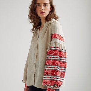 Linen peasant blouse with Ukrainian embroidery. Vyshyvanka modern blouse. IN STOCK