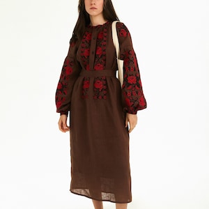 linen embroidered dress floral embroidery. Summer chocolate linen midi dress. Casual dress. Modern Ukrainian vyshyvanka