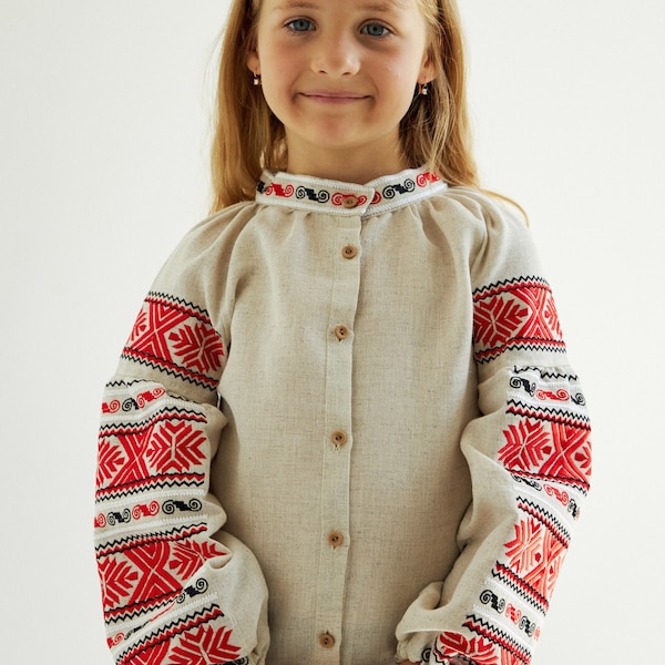 Girl peasant vyshyvanka blouse. Ukrainian cotton shirt for kids. IN STOCK